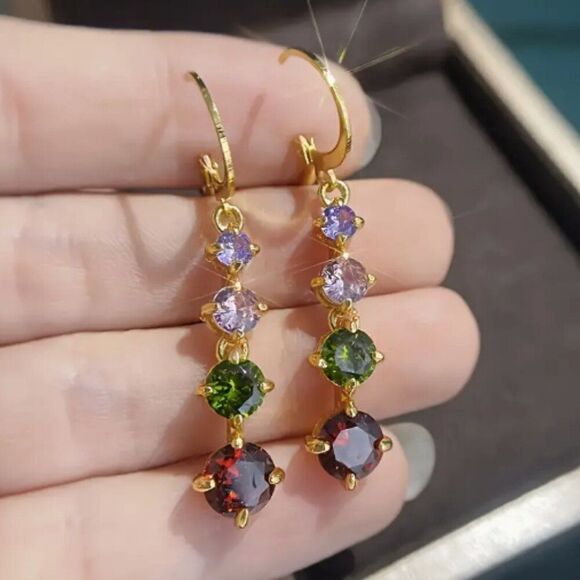 ✨Elegant Gold Plated Colored Simulated Gemstones Drop Earrings ✨ - Picture 4 of 15